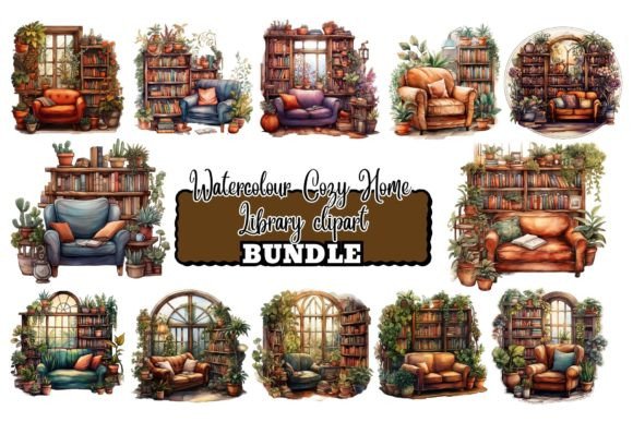 Download Watercolour Cozy Home Library Clipart - Cozy home Collection