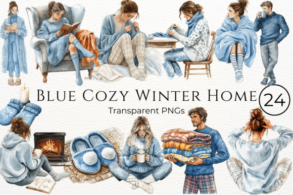 Download Blue Cozy Home Winter Watercolor Clipart - Cozy home Collection